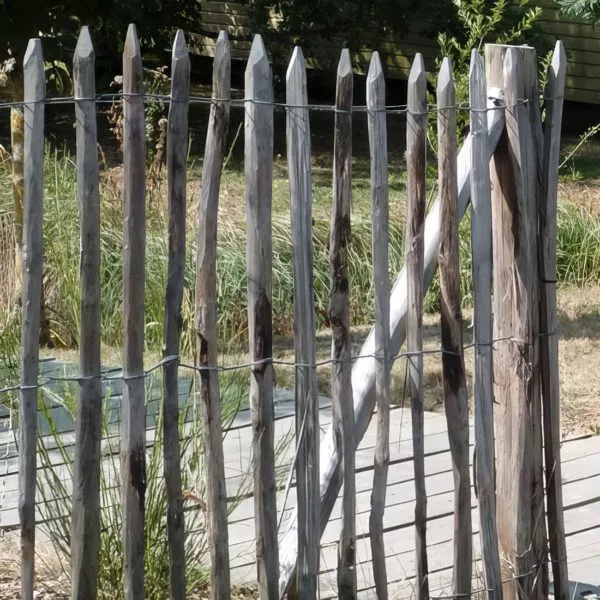 ganivelles en robinier brut vieillies par le temps en clôture d'un jardin